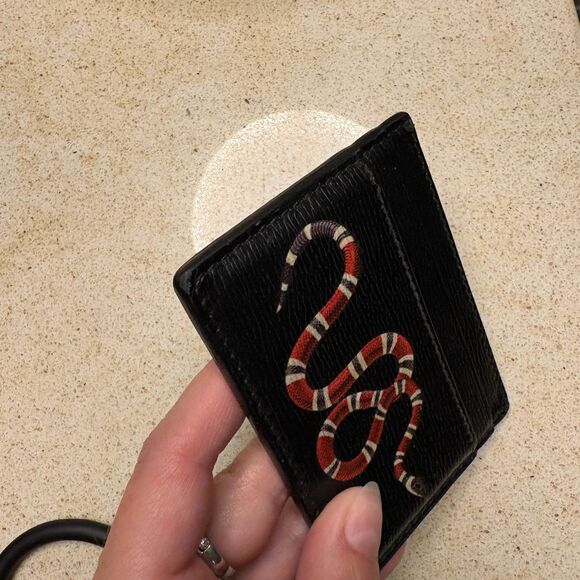 Authentic Gucci Kingsnake Print Leather Card Holder Black Red - Picture 5 of 8
